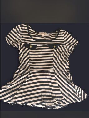 Striped Short-Sleeve Peplum Top in Black and Cream